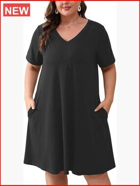 Plus Size A-Line Midi Dress with Pockets V Neck Short Sleeve